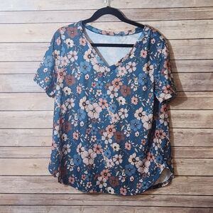 Floral V-Neck Short Sleeve Top - Blue and Brown